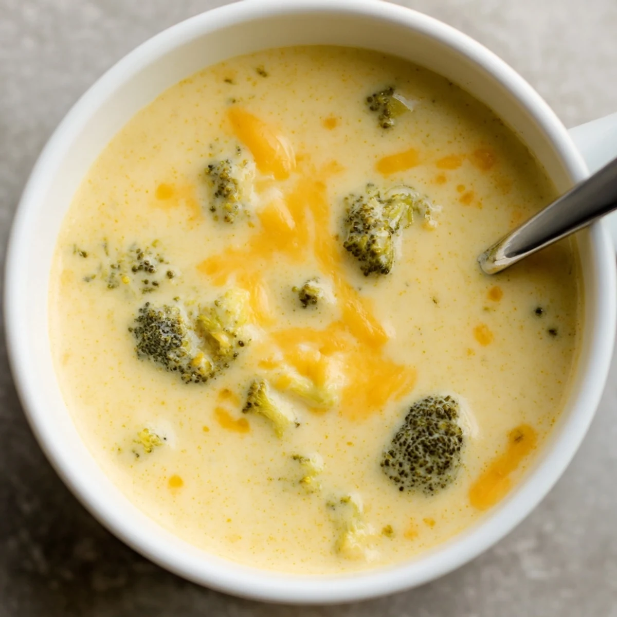 Golden roasted broccoli florets glisten over a creamy bowl of Broccoli Cheddar Soup, garnished with extra sharp cheddar and cracked black pepper.  