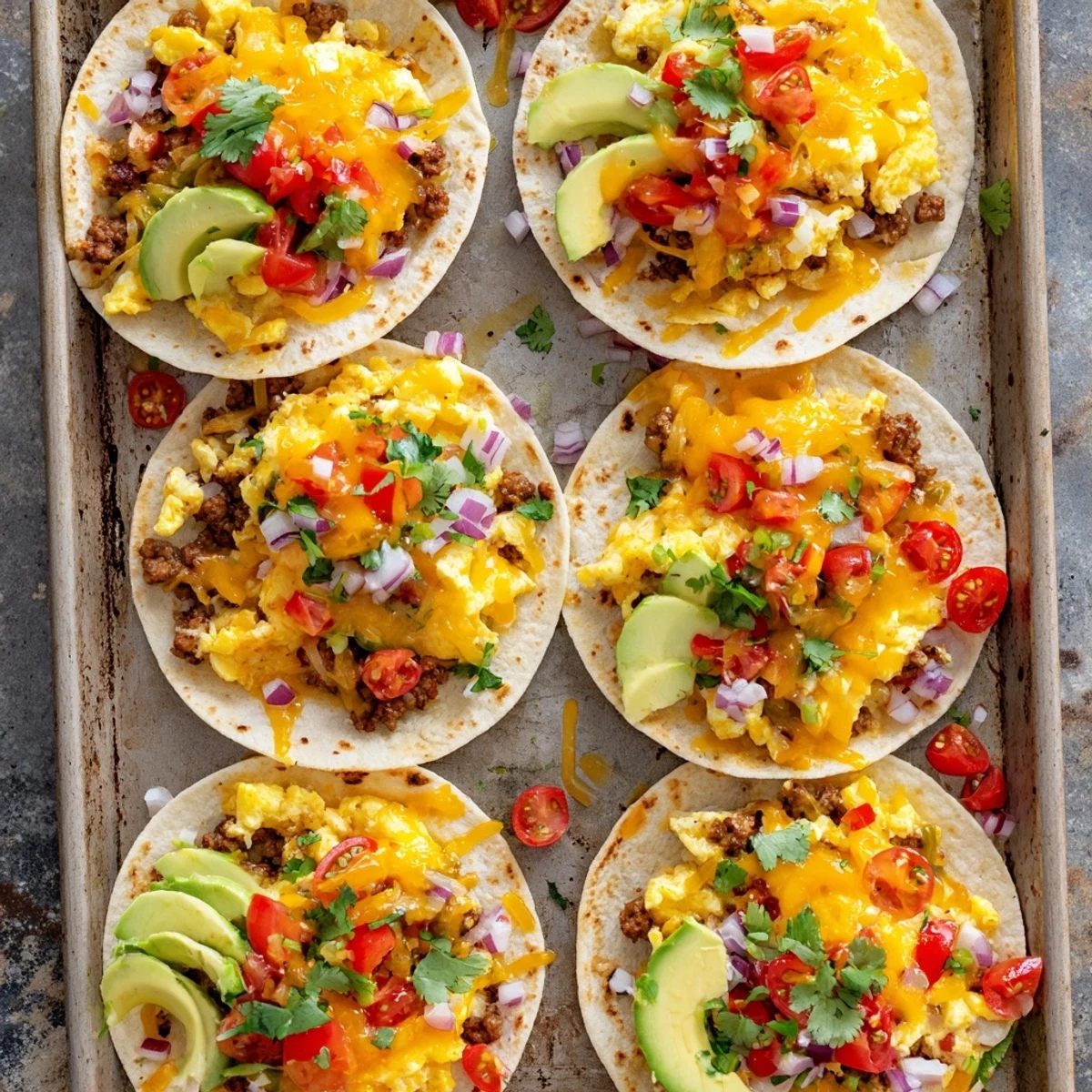 Golden-brown Sheet Pan Breakfast Tacos filled with fluffy eggs, melted cheese, and fresh toppings.