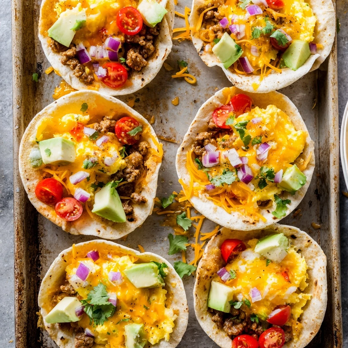 A delicious batch of Sheet Pan Breakfast Tacos served with salsa and a side of fruit.
