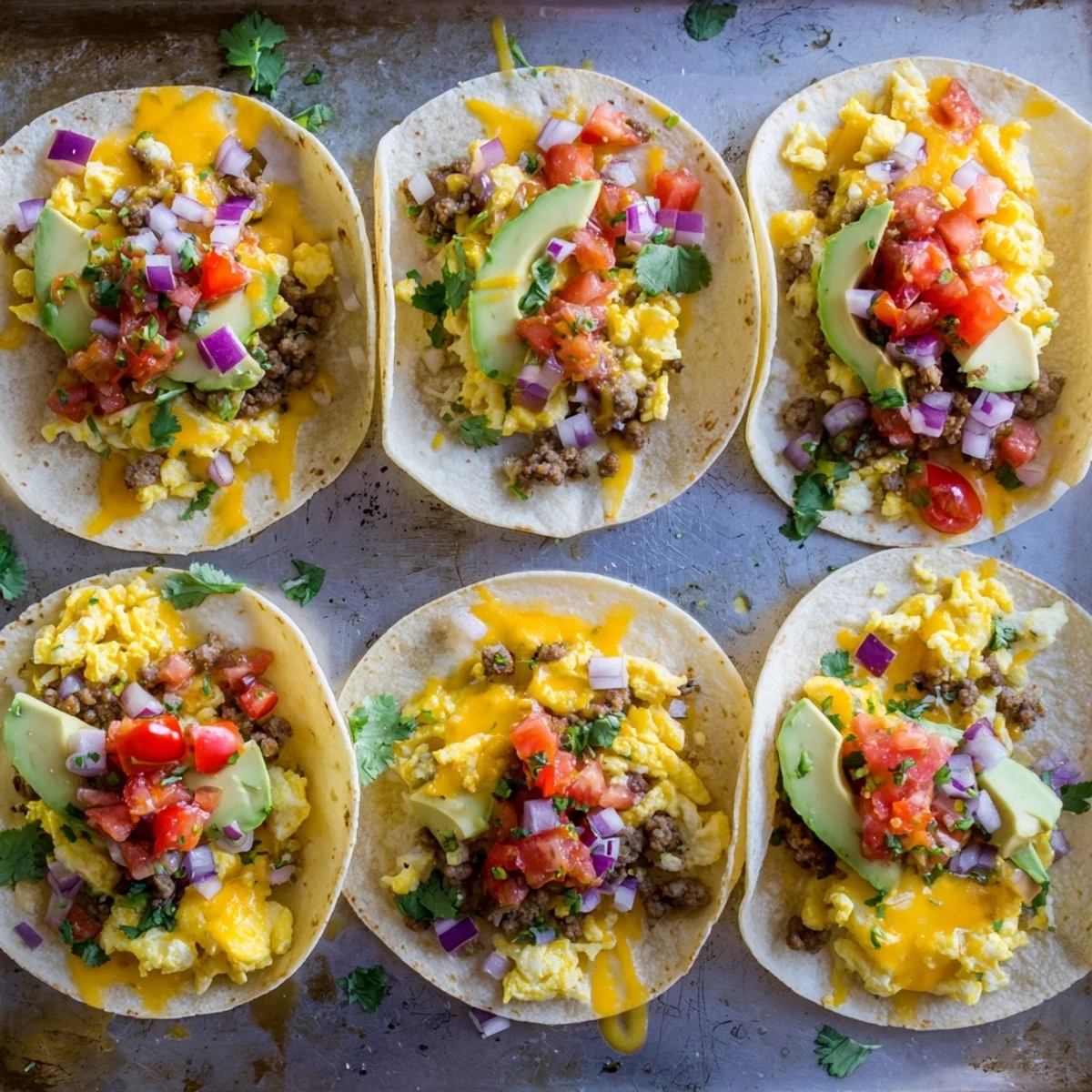 Freshly baked Sheet Pan Breakfast Tacos topped with avocado and cilantro on a rustic table.
