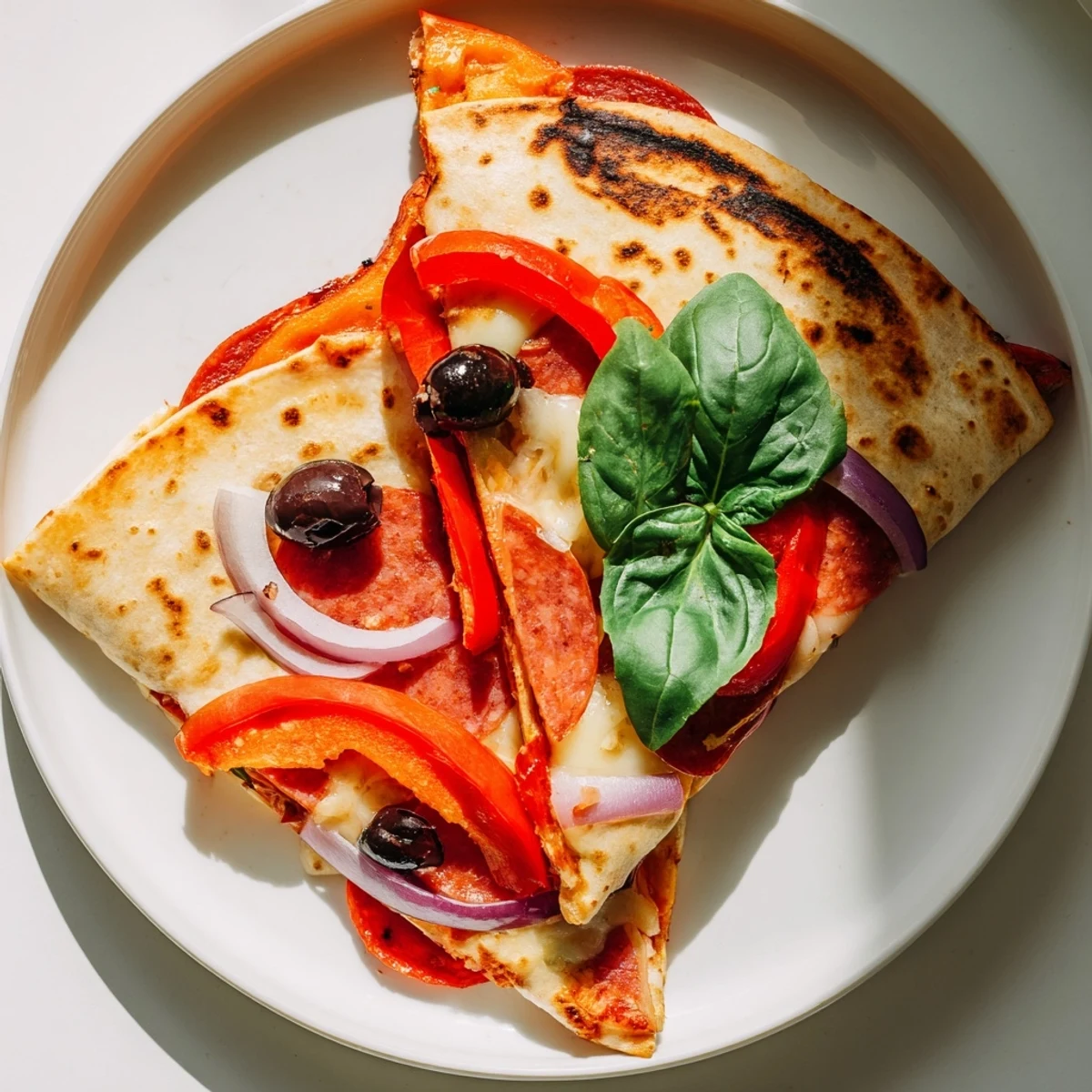 Golden-brown, crispy Tortilla Pizza Wraps filled with melted mozzarella, pepperoni, red bell pepper, and black olives, served warm.