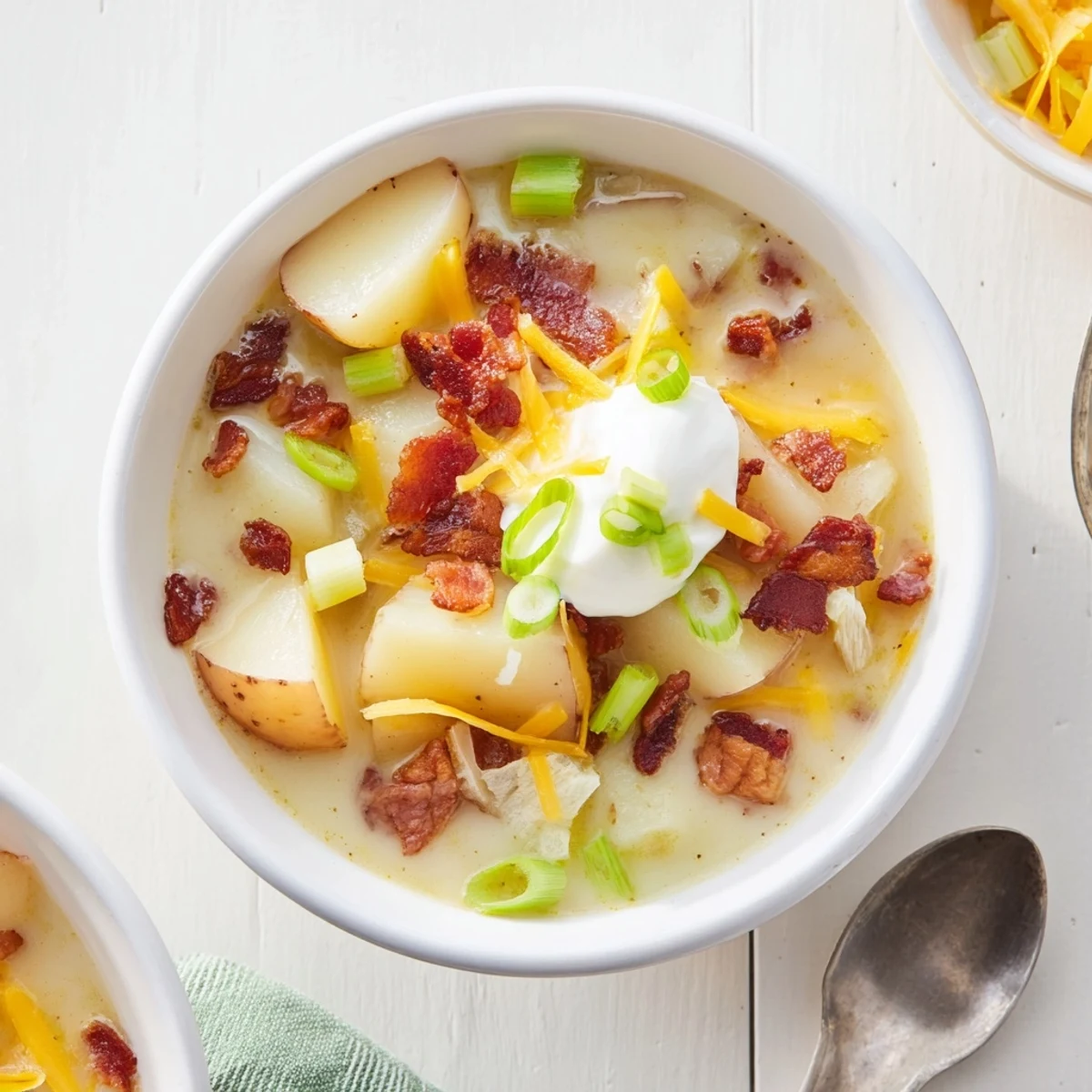 Creamy loaded baked potato soup with bacon and cheddar, topped with sour cream and green onions.