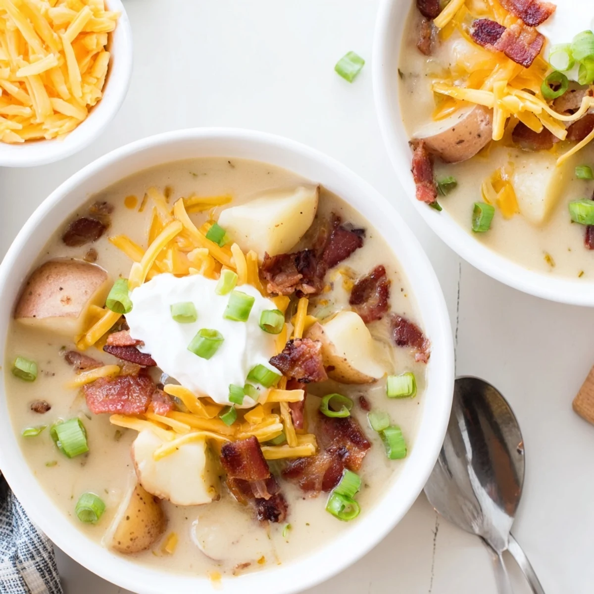 Warm loaded baked potato soup served in a rustic bowl, featuring tender potato chunks and a swirl of sour cream.