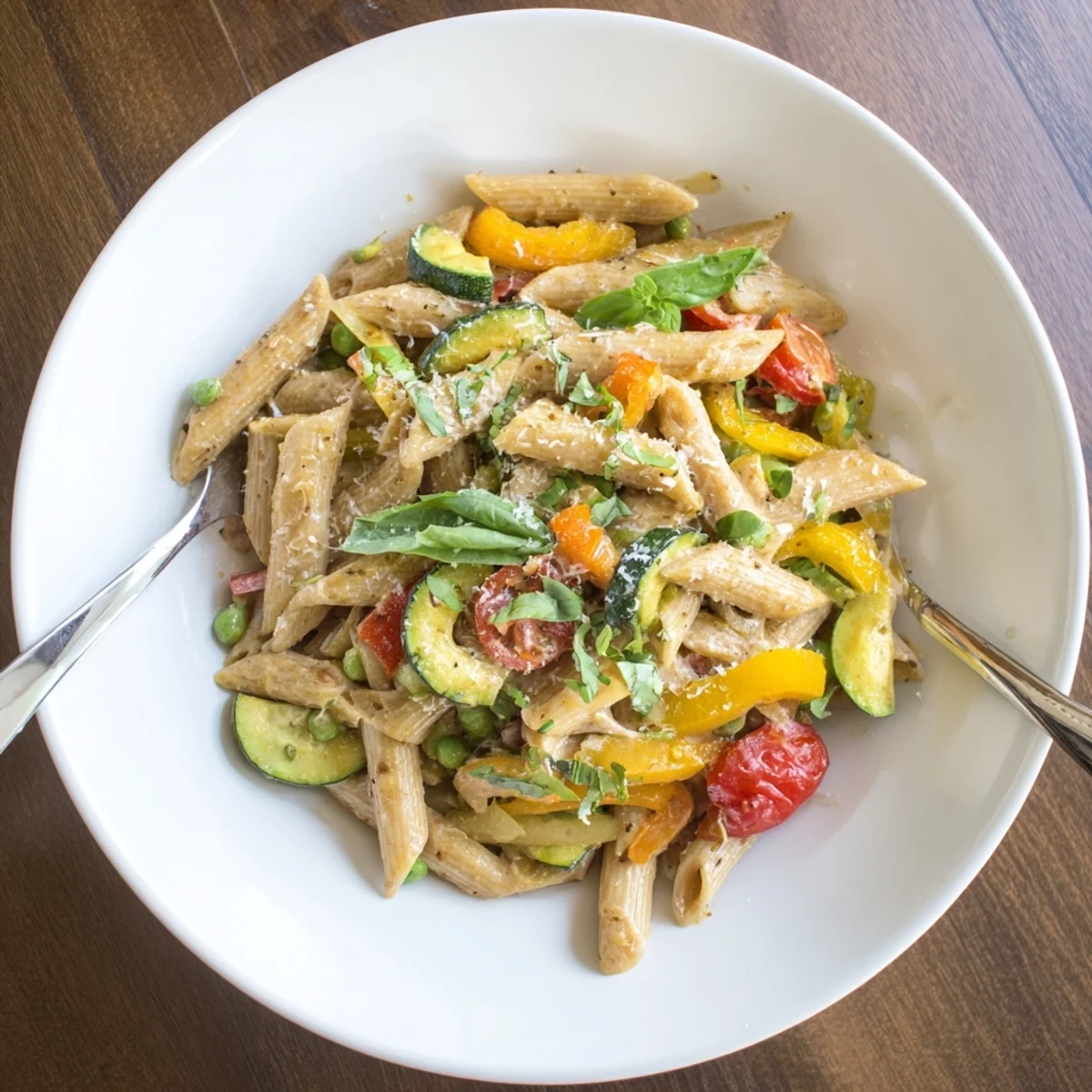 Creamy One-Pot Creamy Pasta Primavera with fresh zucchini, bell peppers, and cherry tomatoes in a rich Parmesan sauce.