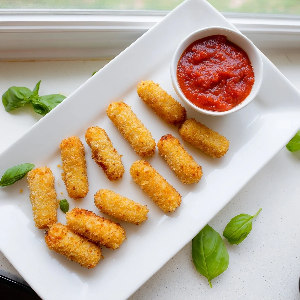 Golden-brown air fryer mozzarella sticks, crispy outside and gooey inside, served with warm marinara.