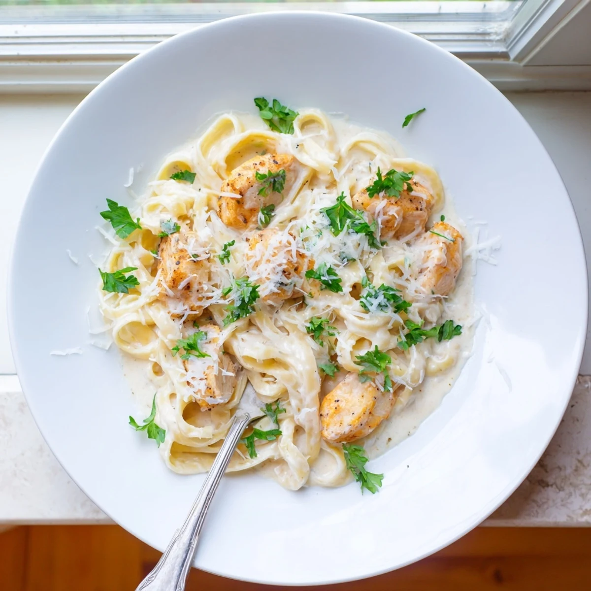 Creamy Skillet Chicken Alfredo with tender chicken strips and fettuccine tossed in a rich Parmesan sauce, garnished with fresh parsley.