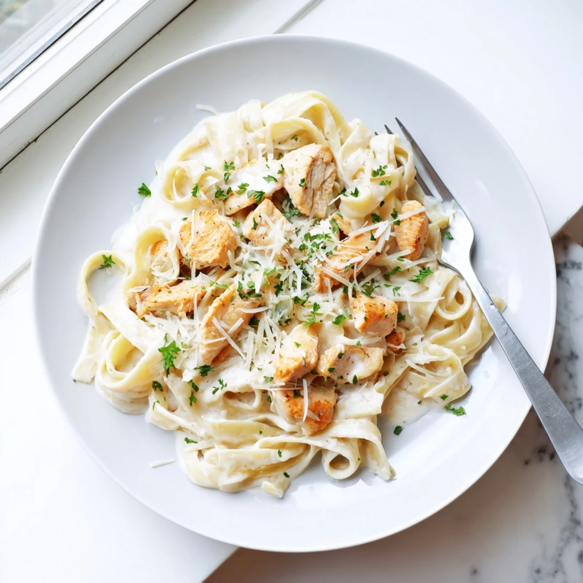 A rustic skillet holds Skillet Chicken Alfredo, featuring savory chicken, creamy sauce, and a sprinkle of Parmesan, ready to serve.