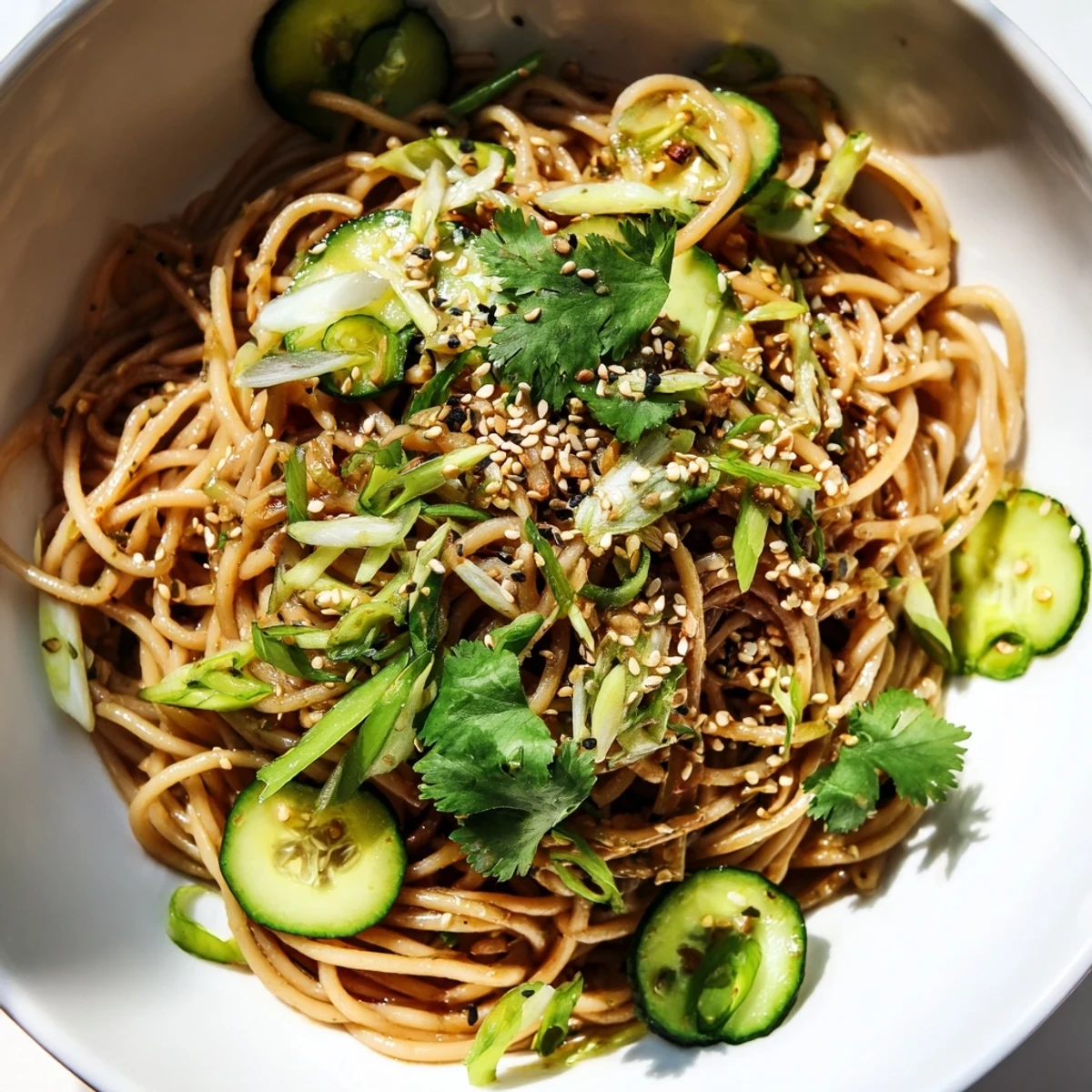 Chilled wheat noodles tossed in spicy sesame-soy dressing with crisp cucumbers and fresh herbs for a refreshing salad.