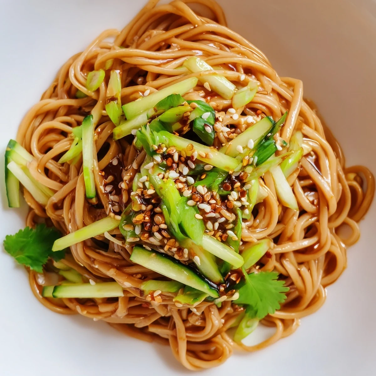 Hearty sesame noodle salad topped with crunchy peanuts, green onions, and sesame seeds, served chilled as a light vegetarian lunch.