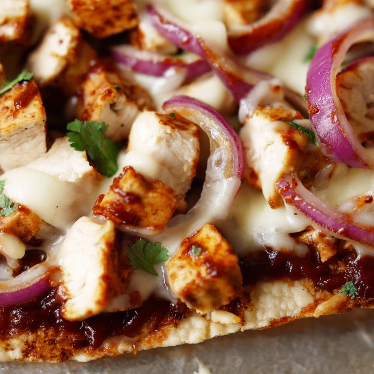 Crispy golden BBQ Chicken Flatbread fresh from the oven with melted mozzarella and tangy sauce