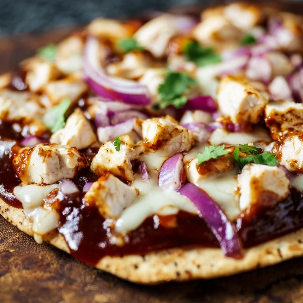 Sizzling hot BBQ Chicken Flatbread served on a wooden board, ready to slice and share