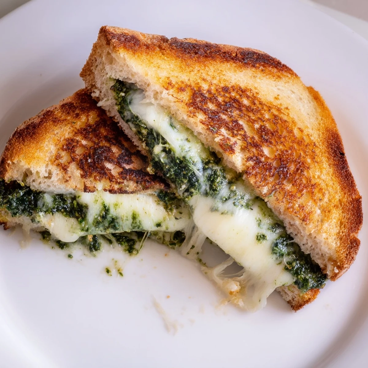 A close-up of Spinach Pesto Grilled Cheese, showing golden, crispy sourdough oozing with melted mozzarella and cheddar.