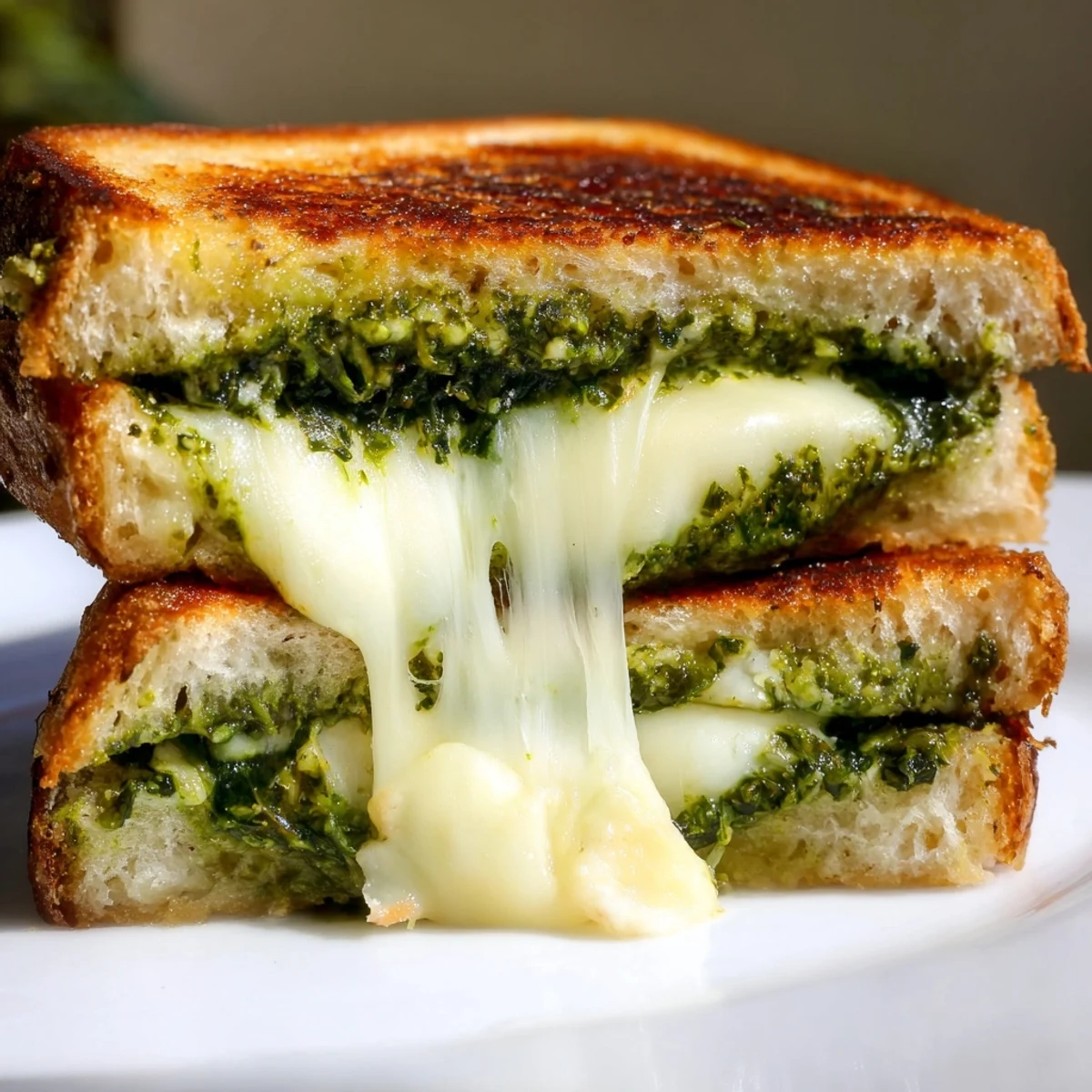 Overhead view of Spinach Pesto Grilled Cheese, served with a fresh side salad for a complete vegetarian lunch.