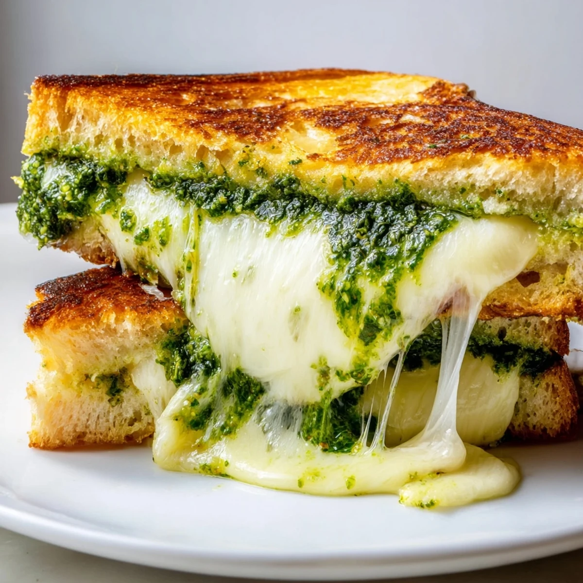 Sliced Spinach Pesto Grilled Cheese on a rustic plate, revealing vibrant green pesto and gooey cheese between crusty bread.