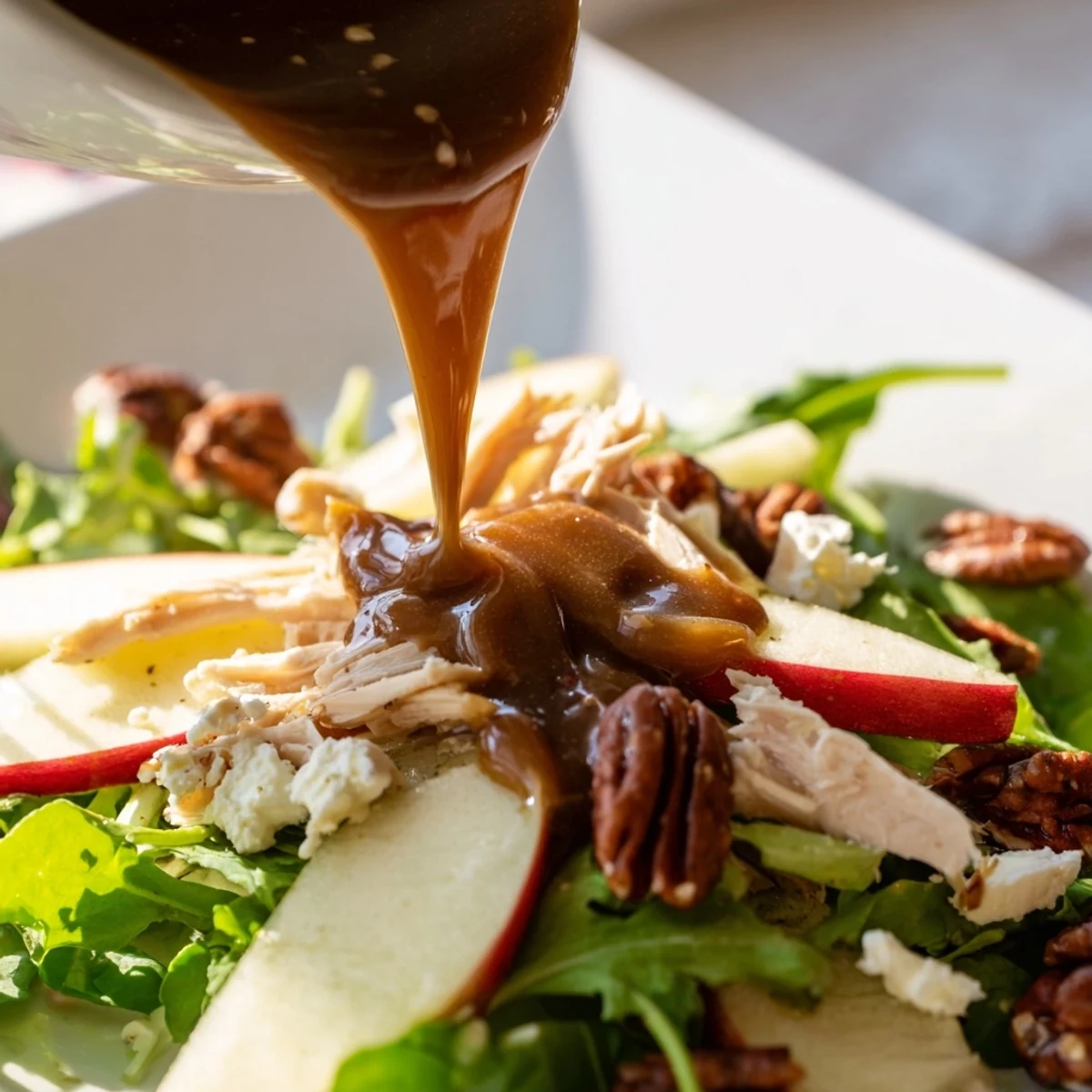 A freshly tossed Caramel Apple Chicken Salad in a white bowl, featuring crisp apples and chicken over greens with a glossy caramel dressing.