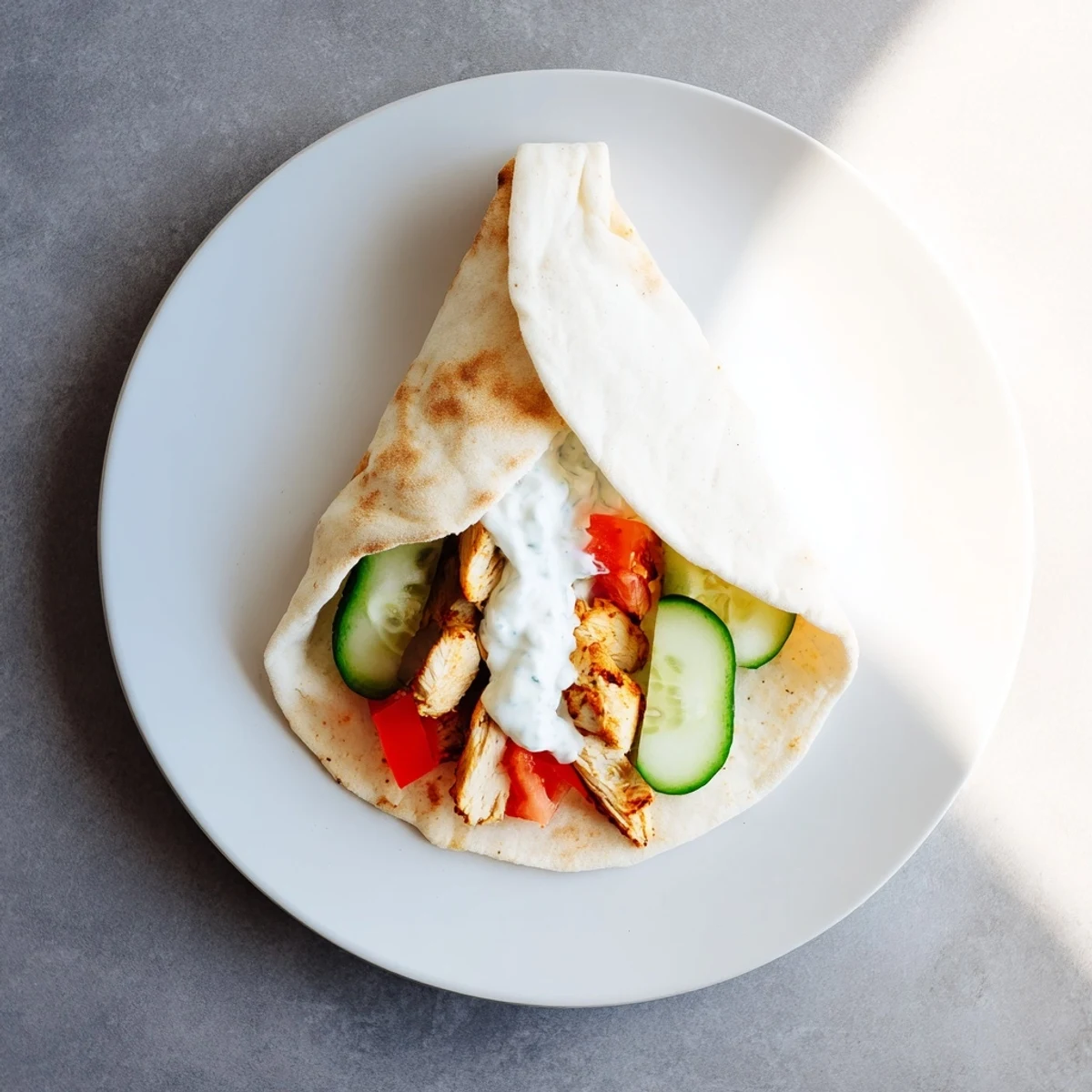 A close-up of a Greek Chicken Wrap, with juicy grilled chicken strips, creamy tzatziki, and fresh veggies in a warm pita.