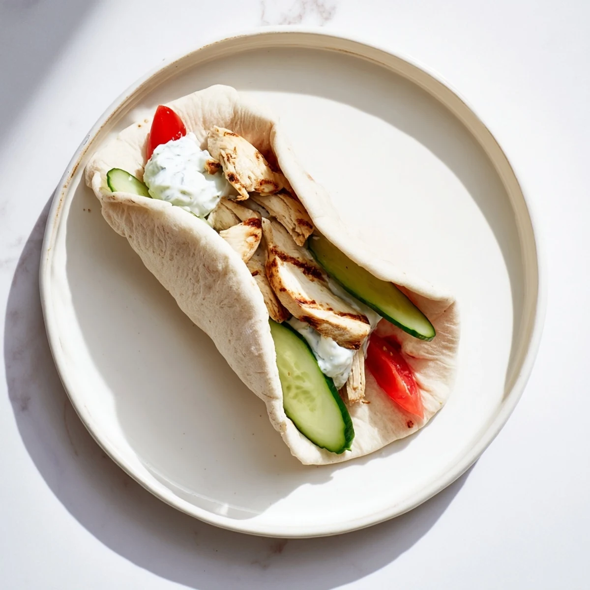 Perfectly assembled Greek Chicken Wraps, featuring charred chicken, crisp cucumber, and ripe tomato slices nestled in soft pita bread.