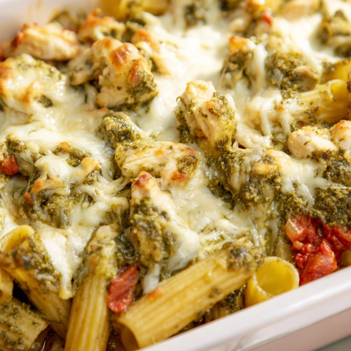 Close-up of Pesto Chicken Pasta Bake, showing tender penne, diced chicken, and vibrant basil pesto mixed with marinara.