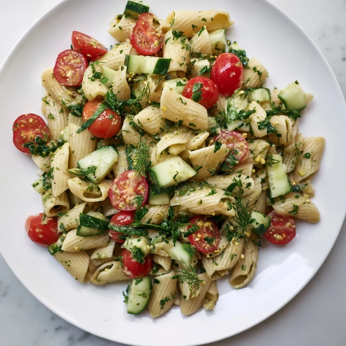 Vibrant Lemon Herb Chickpea Pasta Salad served in a white bowl, garnished with parsley, dill, and optional crumbled feta cheese.