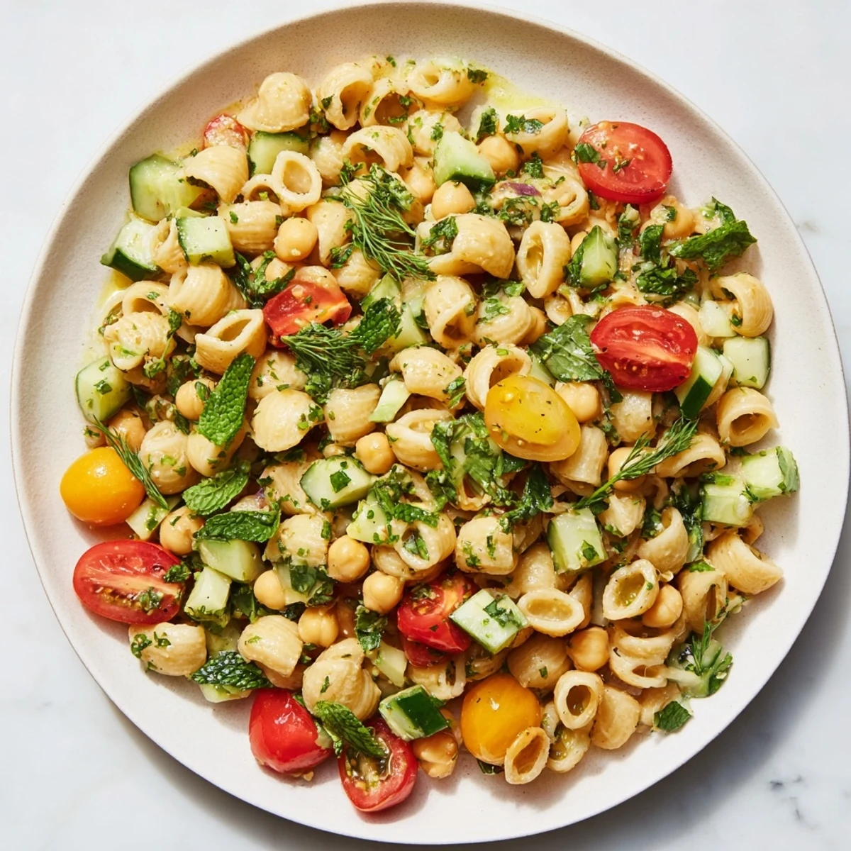 Close-up of Lemon Herb Chickpea Pasta Salad highlighting juicy tomato halves, cucumber chunks, and glistening olive oil-lemon dressing.