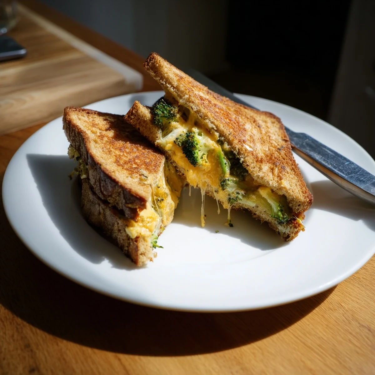 Golden toasted sourdough sandwich stuffed with roasted broccoli florets and melted sharp cheddar, served warm on a wooden cutting board.