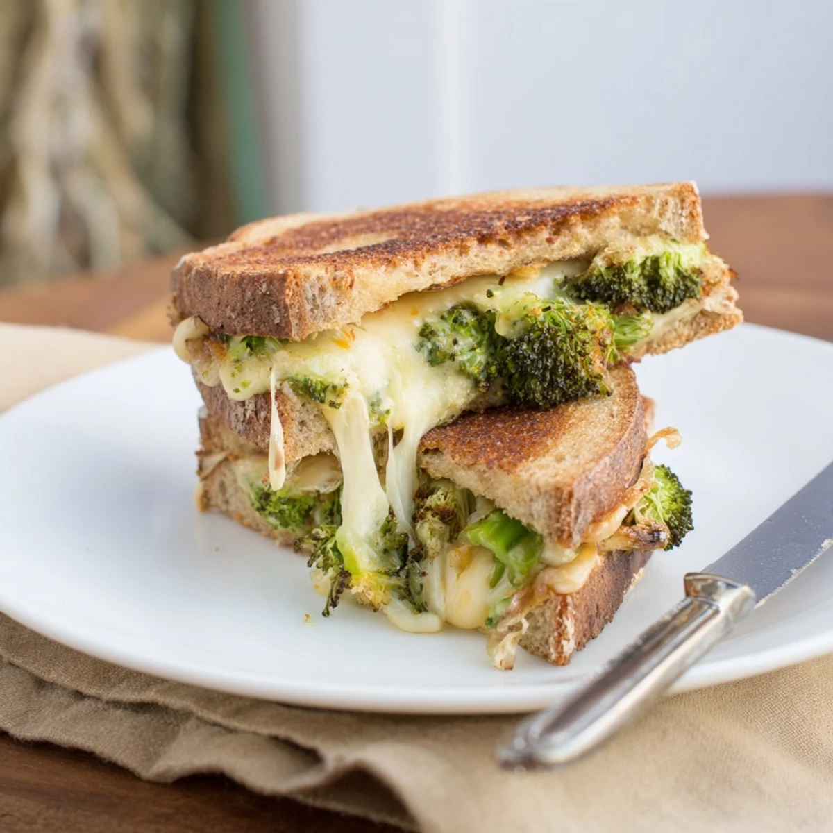 Homemade roasted broccoli & cheddar grilled cheese, golden brown and buttery, ready to enjoy alongside a steaming bowl of tomato soup.