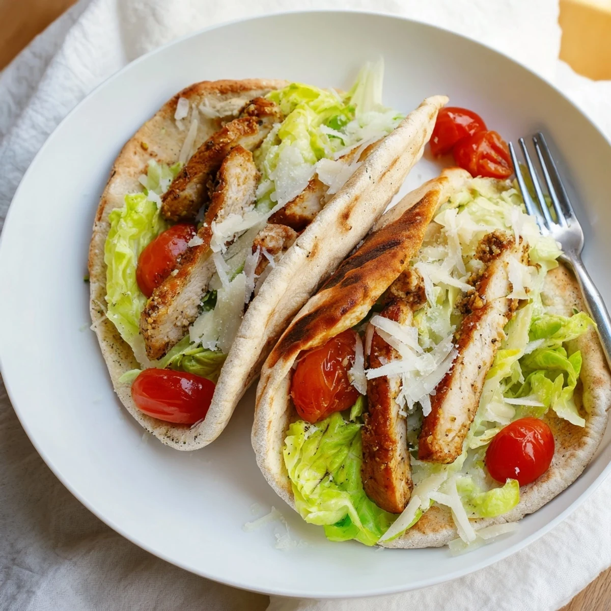 Crispy herbed chicken Caesar pitas feature golden-brown cutlets nestled in warm pita with fresh romaine salad and creamy Caesar dressing.