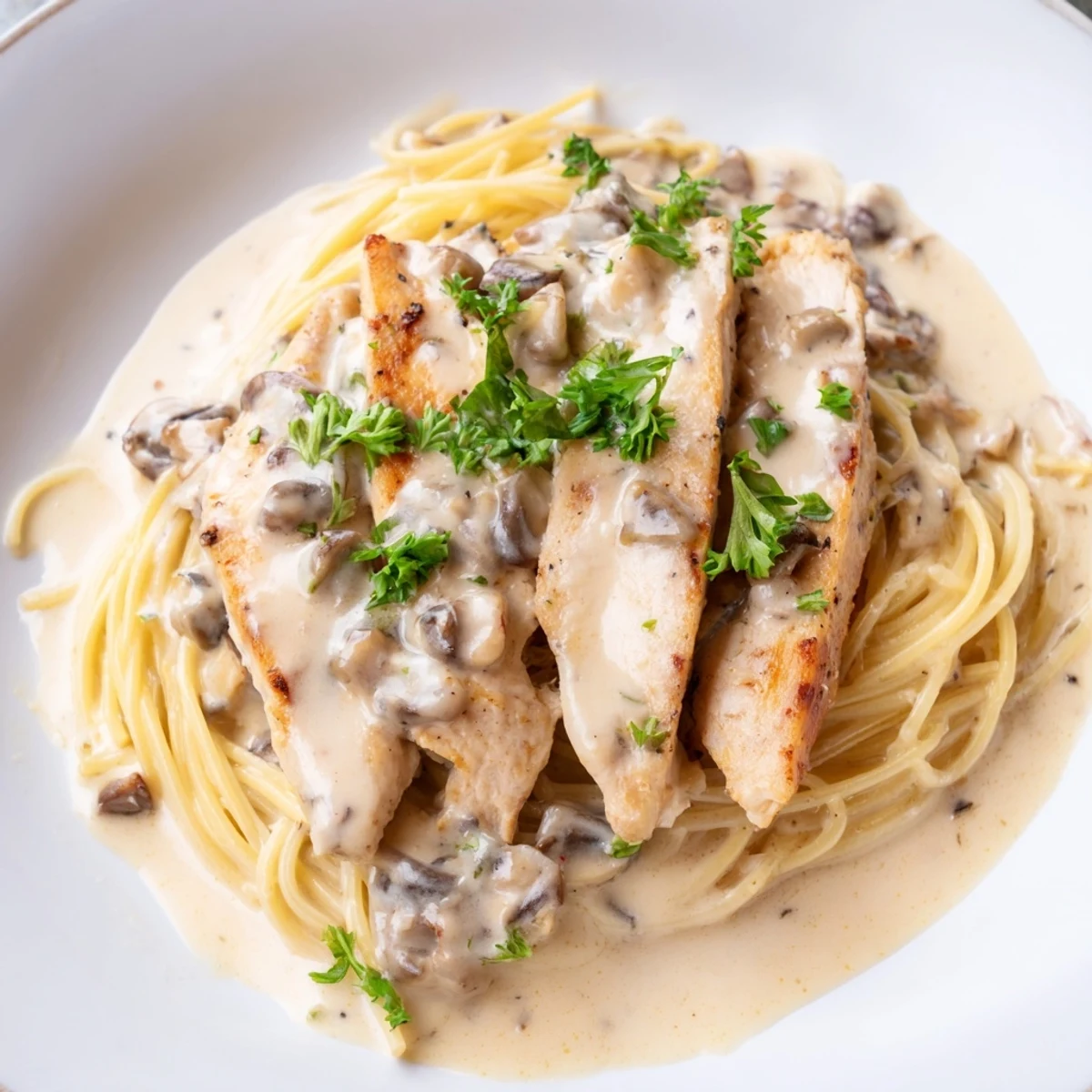 Tender chicken and earthy mushrooms nestled in a creamy sauce over al dente spaghettini.  