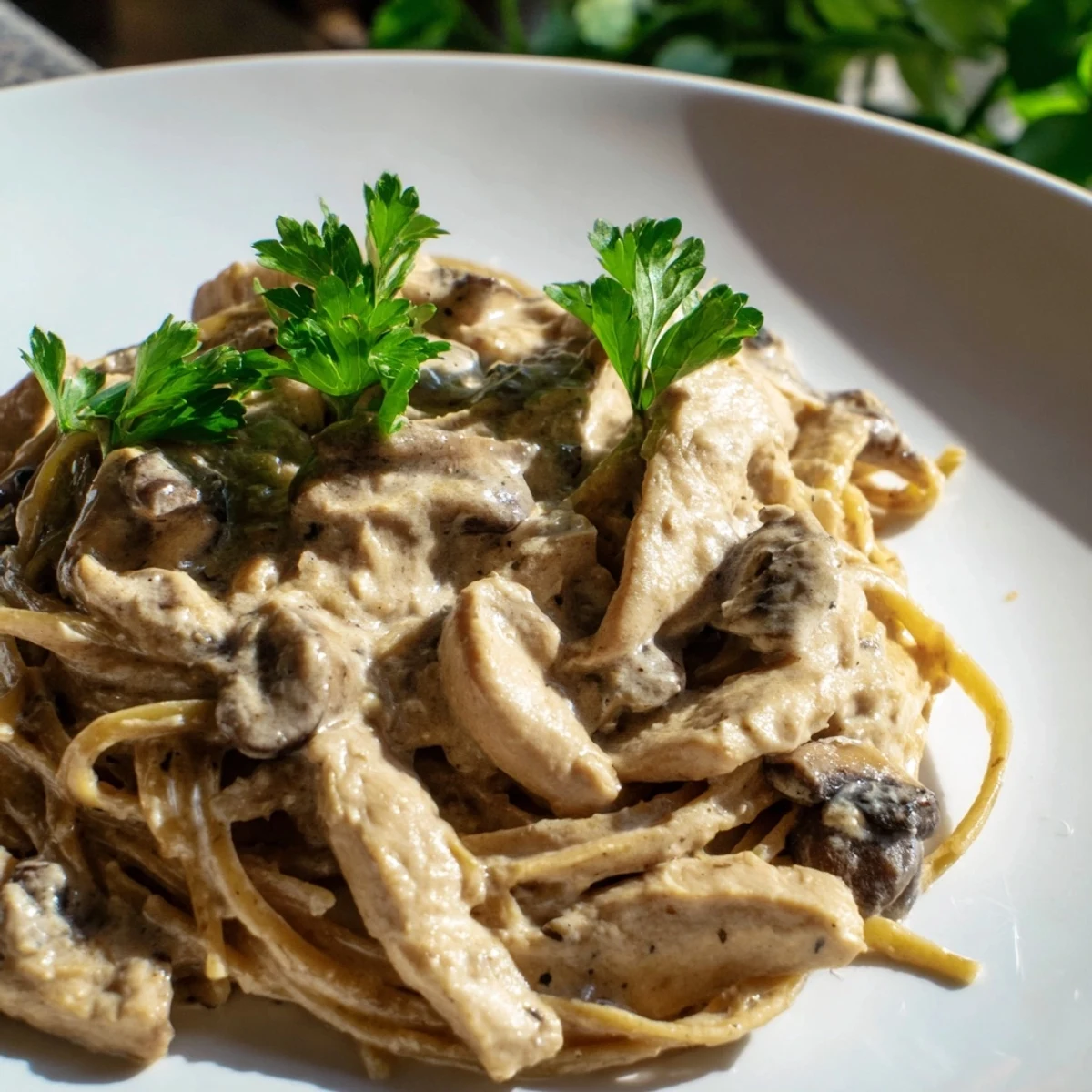 Sizzling chicken, sautéed mushrooms, and spaghettini tossed in a light, creamy mushroom sauce.