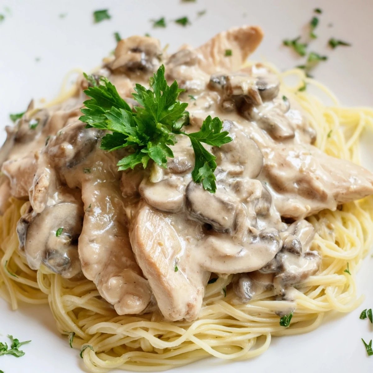 A close-up of Creamy Mushroom Chicken Spaghettini garnished with fresh parsley and Parmesan.  