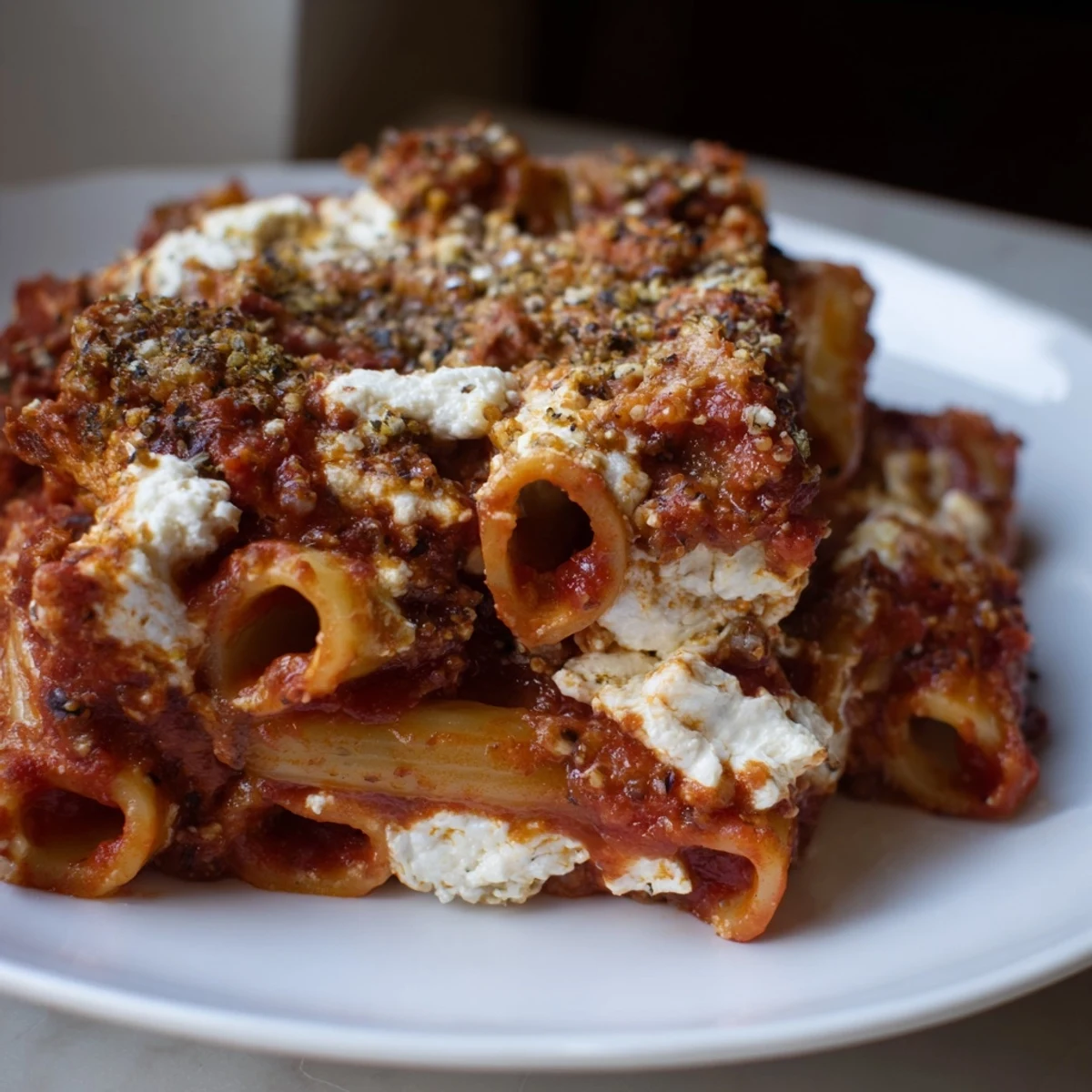 A hearty, family-style freezer make-ahead baked ziti with golden cheese crust and colorful sauce layers visible.