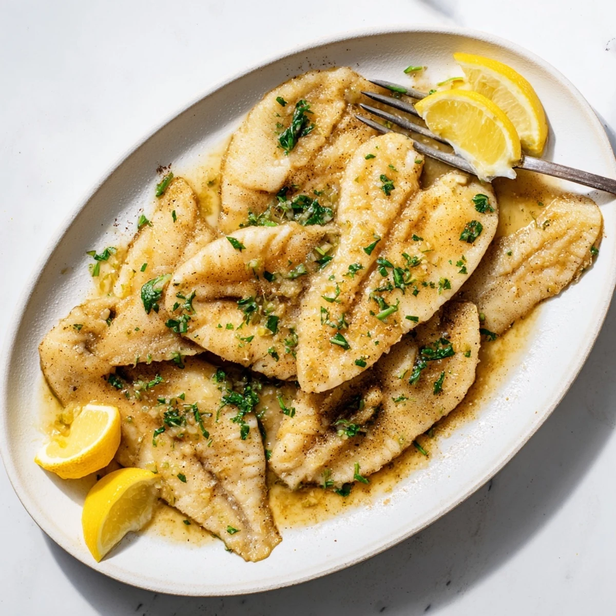 Flounder meunière served hot over pasta, with a wedge of lemon and chopped parsley.  