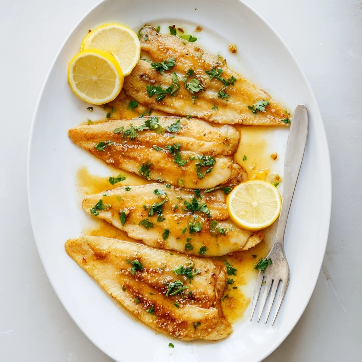 Golden-brown flounder meunière fillets glistening with lemon-browned butter sauce, garnished with fresh parsley.  