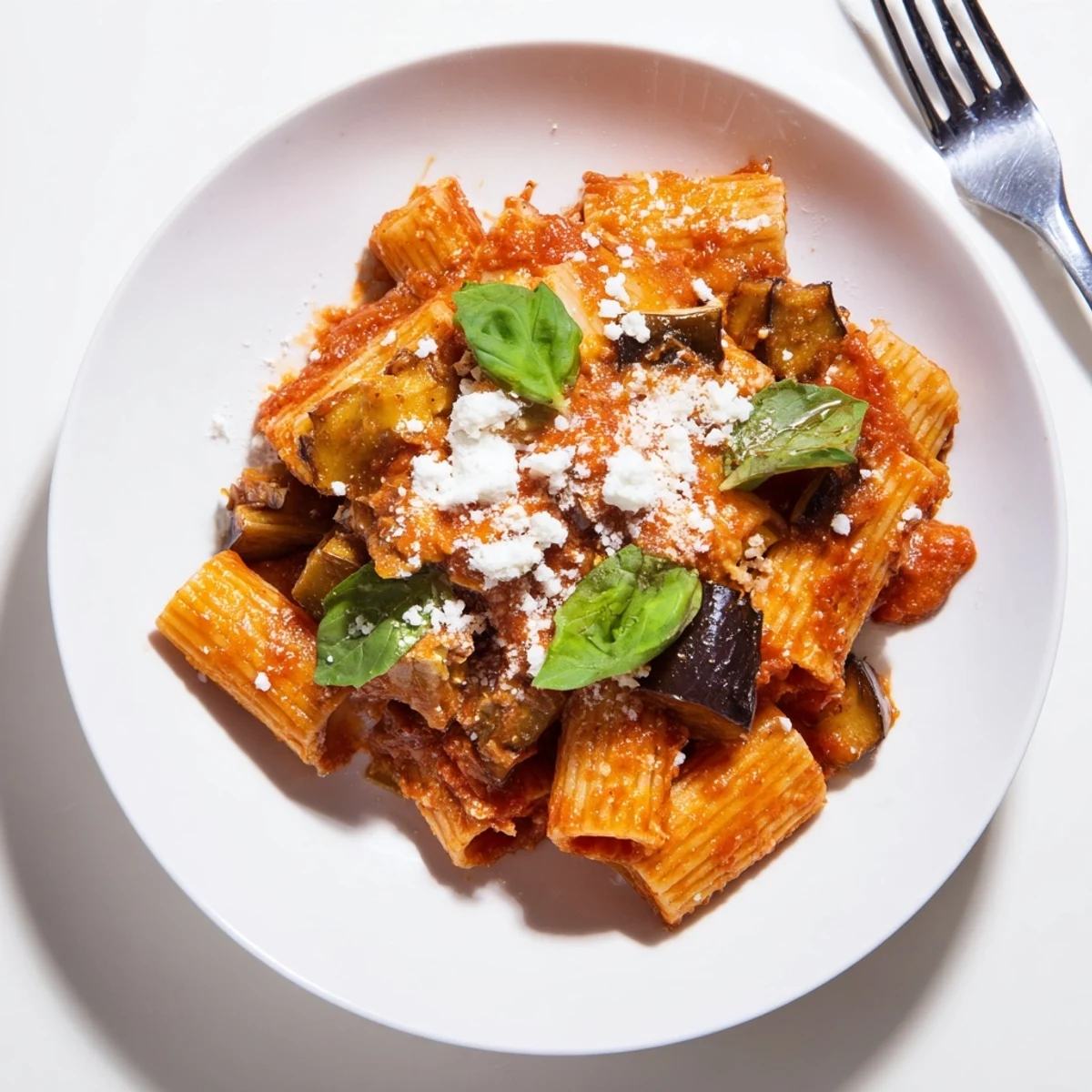 A close-up of Pasta Alla Norma, featuring roasted eggplant cubes and rigatoni tossed in a vibrant tomato sauce, garnished with ricotta salata and fresh basil.  