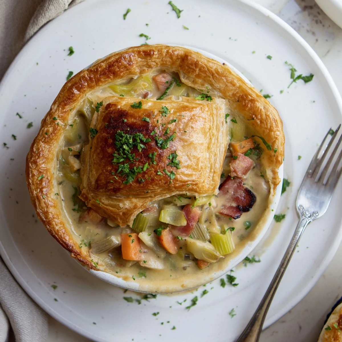 Serving of homemade Chicken and Leek Pie with a golden, puffed crust, revealing a rich filling of chicken, leeks, and creamy sauce.