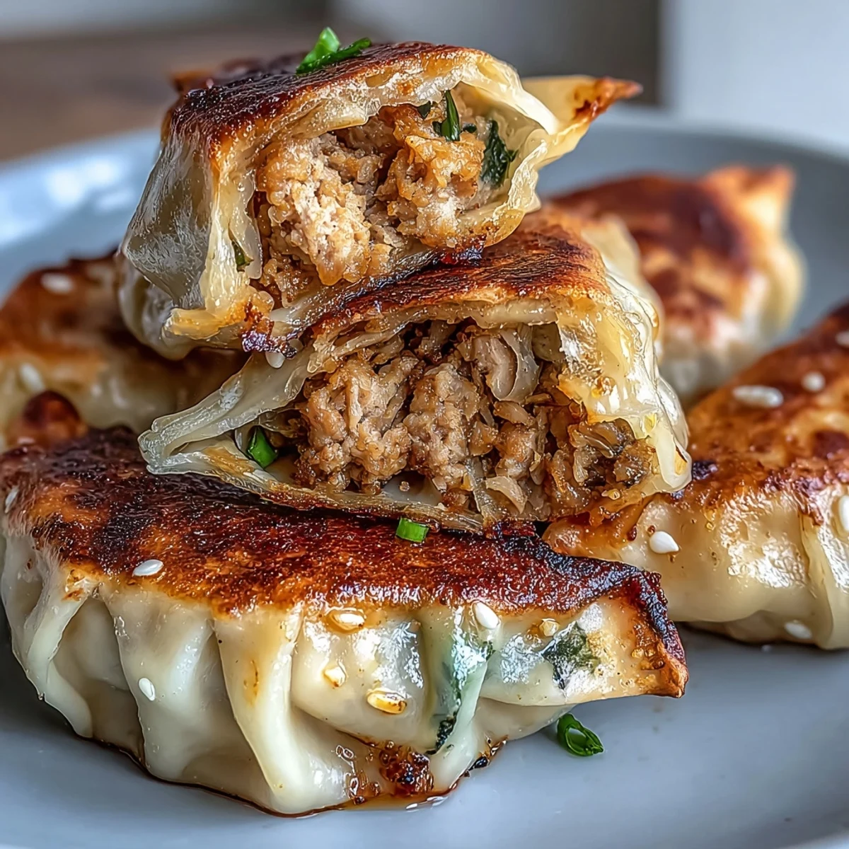 Homemade smashed gyozas filled with savory pork and napa cabbage, pan-fried until golden and served hot with a tangy soy-vinegar dipping sauce.