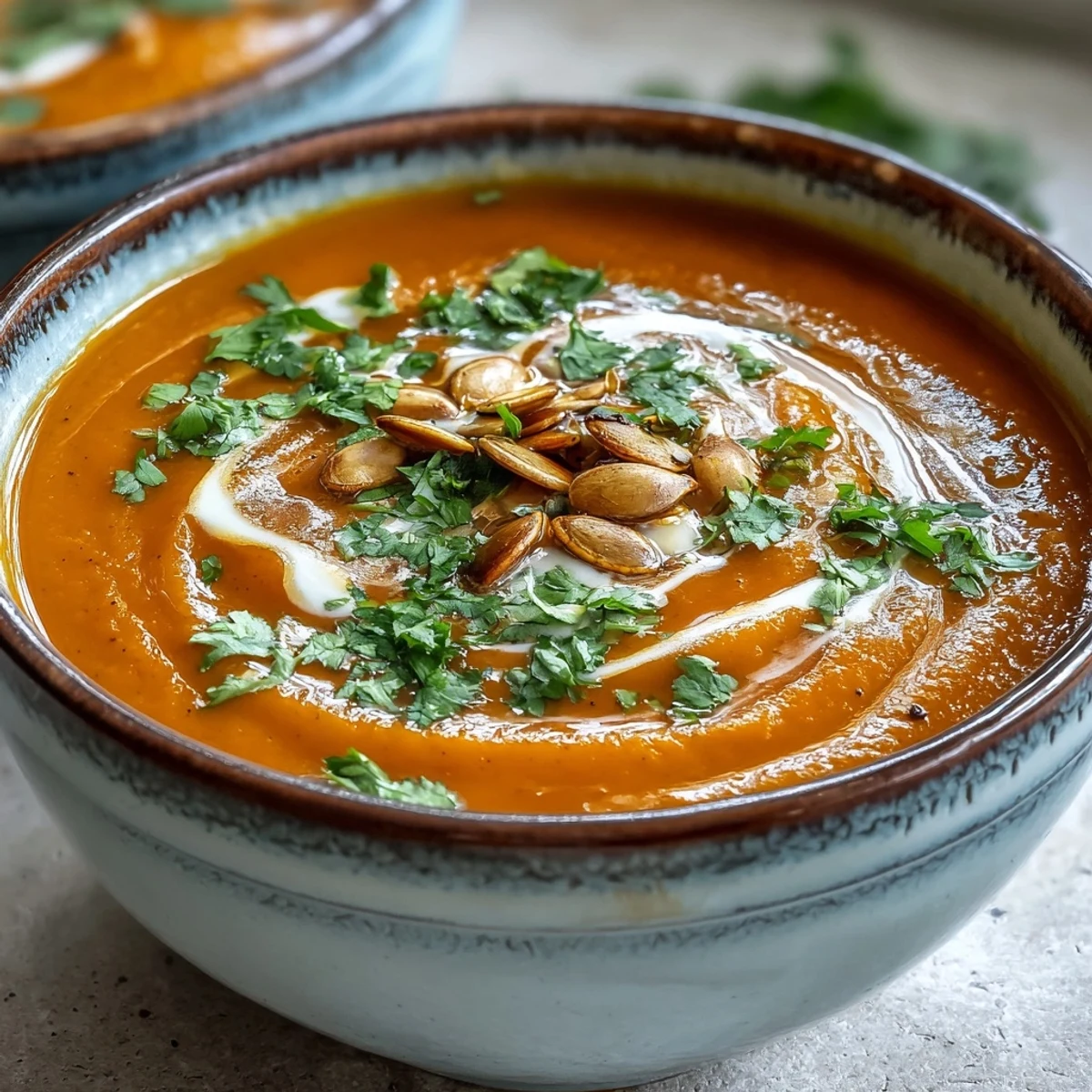 A bowl of creamy Carrot Ginger Soup garnished with fresh cilantro and a coconut milk swirl.