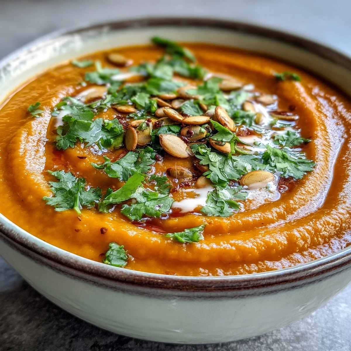 Vibrant orange Carrot Ginger Soup served hot in a rustic ceramic bowl alongside toasted sourdough bread.