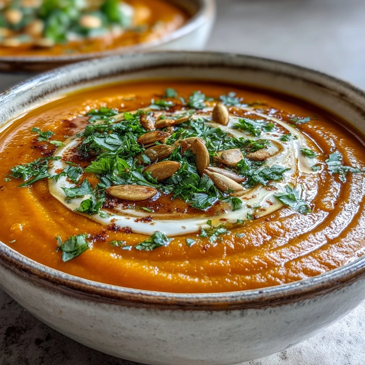 Homemade Carrot Ginger Soup pureed until velvety smooth with a golden spoon resting beside it.