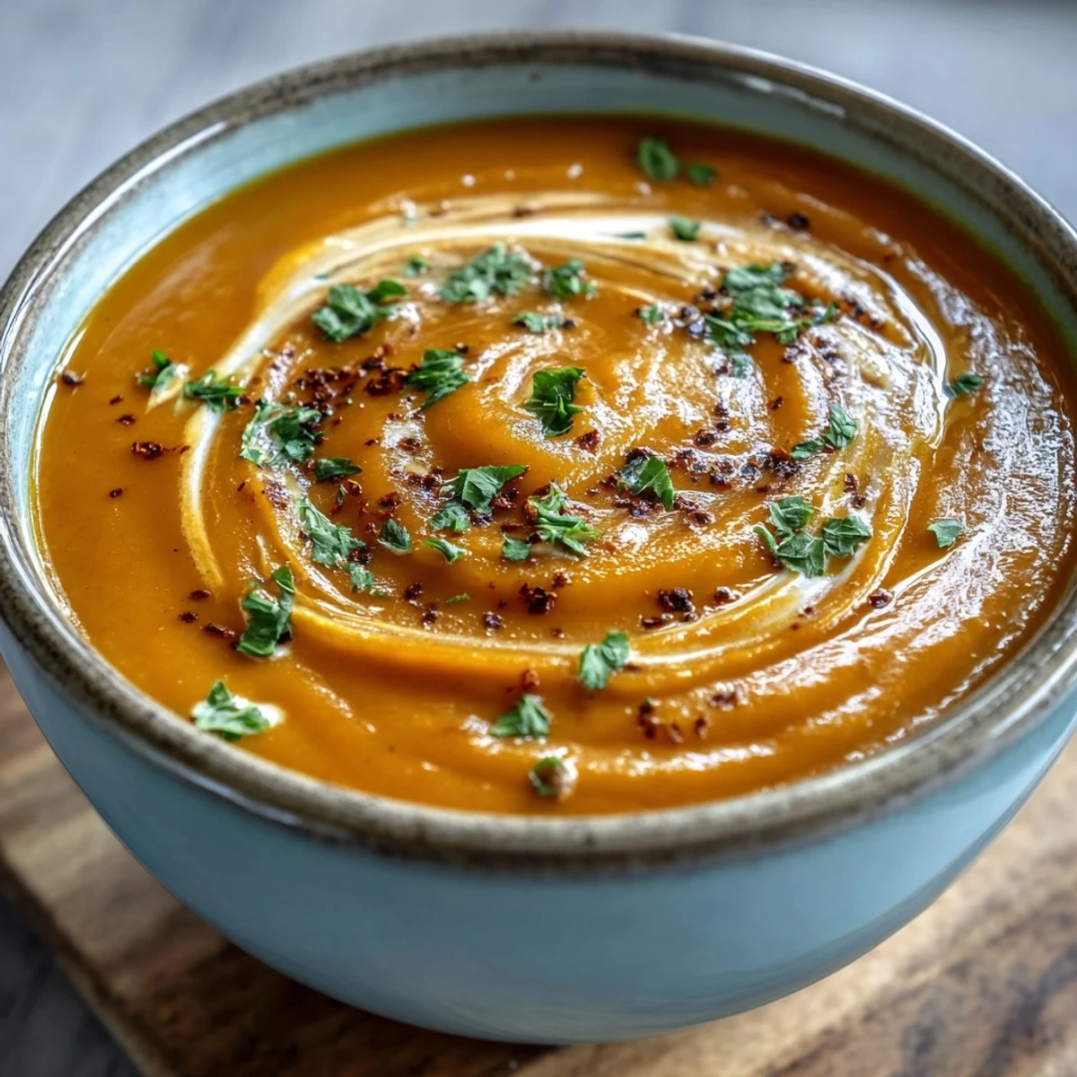Creamy Carrot and Lentil Soup in a rustic bowl, topped with fresh cilantro and a coconut swirl.