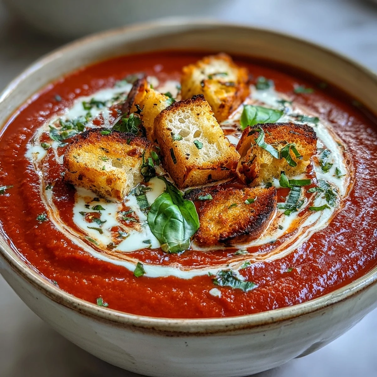 Golden roasted tomatoes and caramelized onion blend into a velvety Creamy Roasted Tomato Soup, garnished with fresh basil.