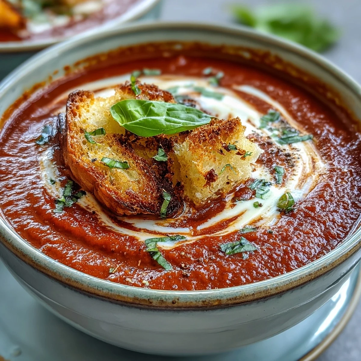 A bowl of Creamy Roasted Tomato Soup topped with crunchy croutons, paired with a grilled cheese sandwich for cozy comfort.