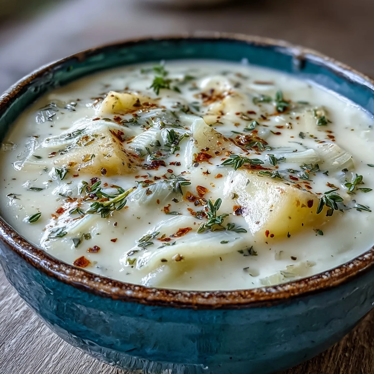 Creamy Potato Leek Soup served hot in a rustic bowl with a spoon.