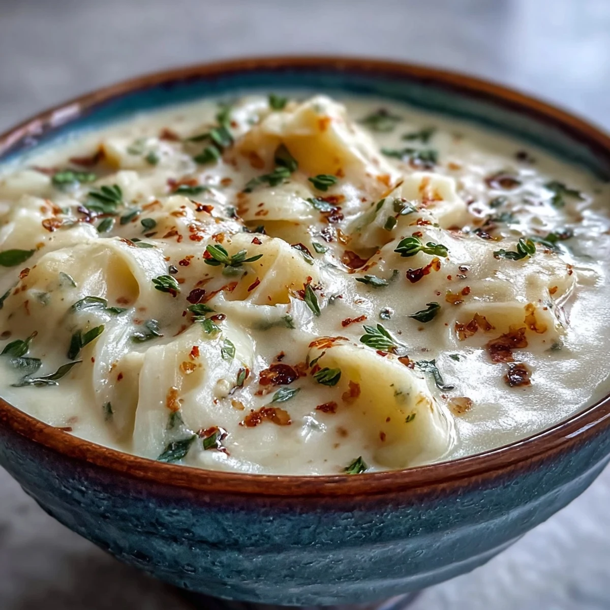 Vibrant Potato Leek Soup topped with crispy bacon bits for a savory finish.