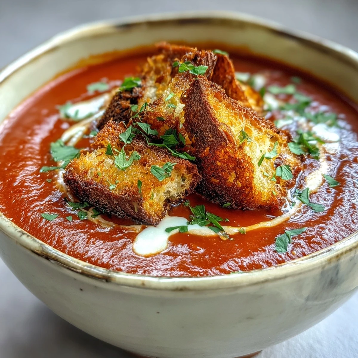 Vibrant roasted red pepper soup with crispy croutons, finished with a touch of harissa and fresh parsley for a cozy, elegant starter.
