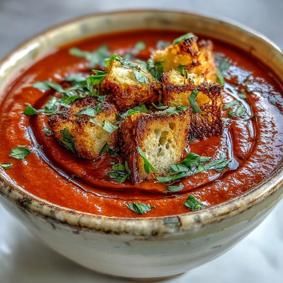 Silky roasted red pepper soup topped with golden croutons and a hint of smoked paprika, perfect for a cozy dinner.