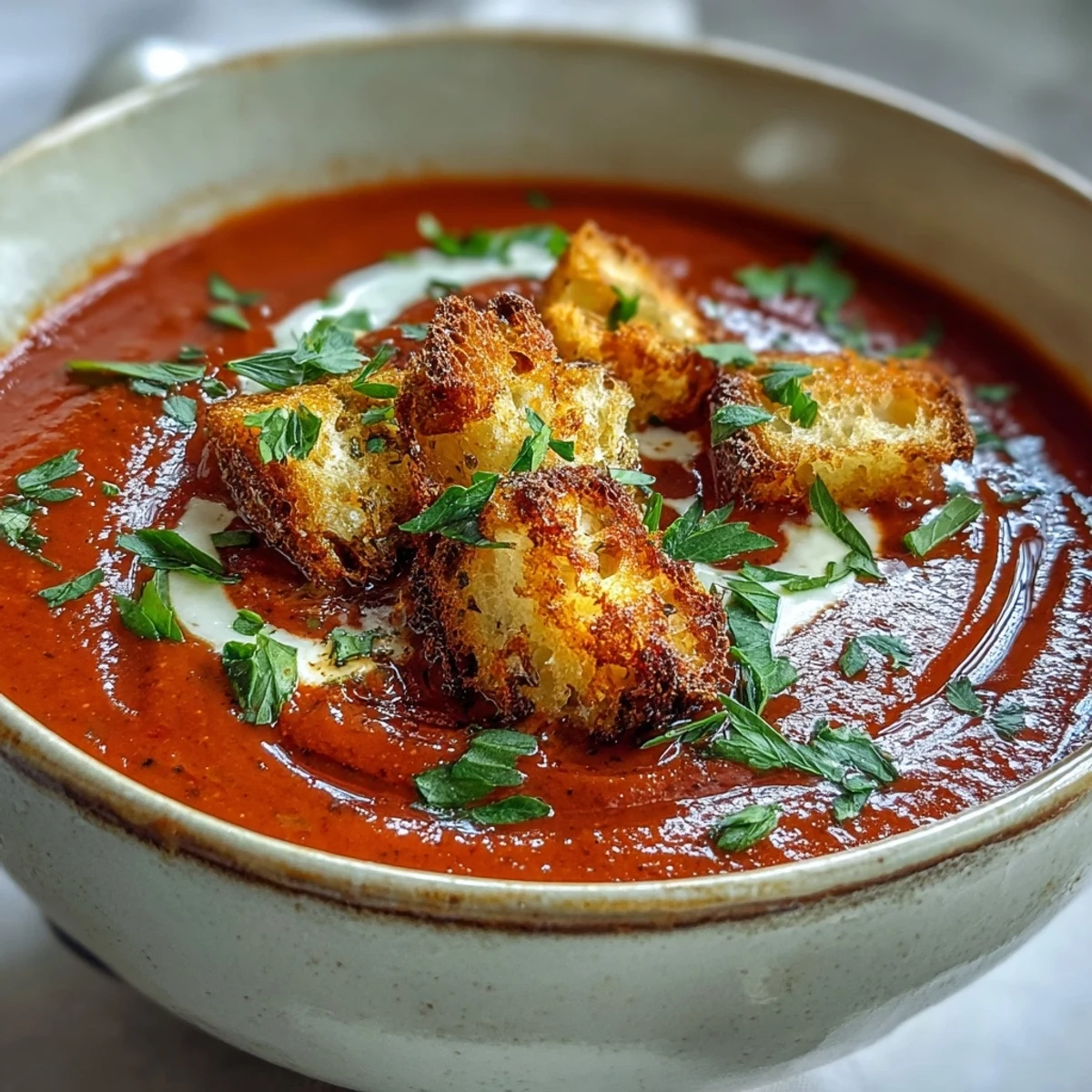 Creamy roasted red pepper soup garnished with crunchy homemade croutons, served warm for a satisfying Mediterranean-inspired vegetarian lunch.