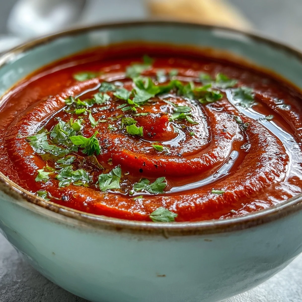 Vibrant Roasted Red Pepper Soup with charred peppers and roasted garlic, served alongside crusty artisan bread.