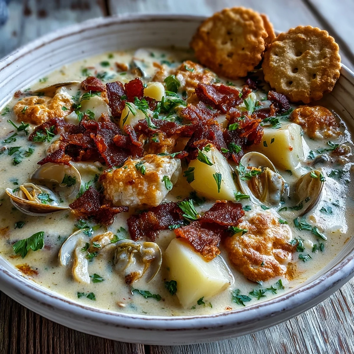 Steaming bowl of New England Clam Chowder featuring tender clams, diced potatoes, and fresh parsley.