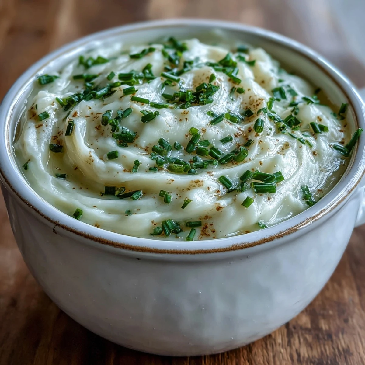 Creamy Potato Leek Soup garnished with fresh chives, served hot in a rustic bowl.